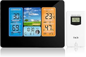 ALLOMN Weather Stations Wireless with Indoor Outdoor Sensor, LCD Digital Weather Station with Alert/Temperature/Humidity/Barometric/Forecast/Moon Phase/Alarm Clock for Home Office Garden (RF Black)