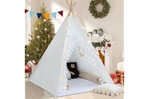 WIRHAO Teepee Tent for Kids with Padded Mat Cotton Canvas Kids Tent with Pompom for Toddlers Indoor Play Tent for Girls Boys with Stars Lights, Carry Bag, Banner Flag (White)