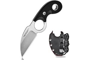 TONIFE Mezzaluna Coltello da Collo Coltello da Esterno Lama Fissa in Acciaio 8Cr14MoV con Fodero, Cordino e Clip Coltello Full Tang Coltello da Sopravvivenza (Nero+Lavaggio Pietra)