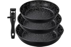 Cexovo Lot de 4 Poêles Antiadhésives Ø20/24/28cm avec Poignée Amovible, Poêles en Aluminium Pressé et Anti-adhésif, Empilable, Facile à Nettoyer, Pour Tous Types de Cuisinières et de Four