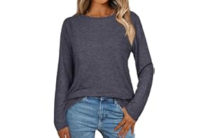 florynova Womens Long Sleeve Tops Round Neck Casual Shirts Loose Basic Tees Simple Solid Color Tunic Blouse