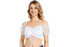 AMZHOTER Chemisier Traditionnel Femme en Dentelle Blanche Transparente Dirndl Chemisier à Manches Courtes pour Oktoberfest