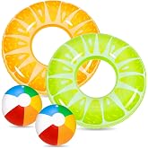 Chennyfun 4 Pcs Inflatable Swimming Ring Set for Children and Adults | With Beach Balls, Lemon and Orange Drawing, Fun Inflat