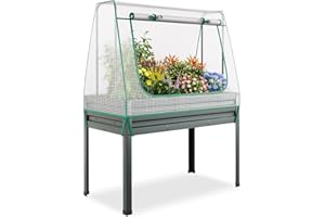 HOMASIS Jardinière surélevée 3 en 1 avec serre et treillis, jardinière avec treillis, jardinière en métal avec couvercle en polyéthylène, avec porte enroulable et fenêtre, bac à fleurs pour jardin