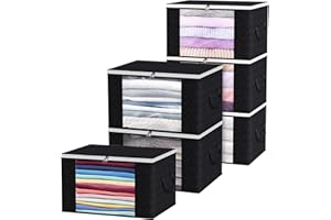 BriLumin Pudełko do przechowywania z pokrywką, 6 sztuk, 90 l, torba do przechowywania, organizer do przechowywania ubrań, pod łóżko, składane, na kołdry, ubrania, koce, czarne