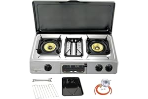 NJ THE RIGHT CHOICE NJ G-87C Portable Camping Gas Stove 2 Burner Grill & Oven Stainless Steel Outdoor BBQ Cover (Butane 29mbar Screw-on)