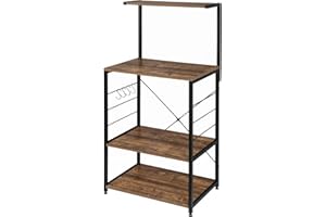 eSituro 4 Niveaux Étagère de Cuisine avec Crochets, Étagère de Micro-Ondes en Métal et Bois, Estante almacenaje pour Cuisine, Salle à Manger, Salon, 60x40x123cm