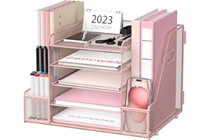 SUPTIDY Mesh Desk Organiser with File Holder, 5-Tier Paper Letter Tray Organiser with Magazine Holder, Desktop Organiser and Storage with Drawer for Office Supplies Home or School, Pink