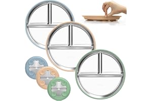 MOJINL 3 Stück Edelstahl Baby Teller mit Silikon Saugnapf, Silikon Babyteller mit Saugnapf, Rutschfest Kinderteller mit Unterteilung, Spülmaschinenfest und BPA Frei Kleinkind-Baby-Fütter-Set