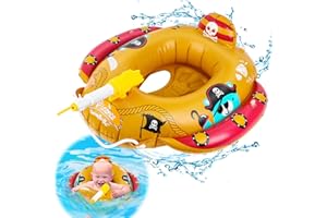 Baby Schwimmen Schwimmflogen, AIMMIE aufblasbare Kleinkindpool Schwimmer mit Wasserpistole Baby Schwimmring Baby Schwimmer Piratboot mit Schwimmer Sitz Leinen aufblasbare Poolspielzeug für Kinder