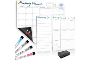 SLIANDTELLY Magnetic Calendar for Fridge, Easy Clean Monthly Weekly Whiteboard Planner & Shopping List for Home Kitchen, Refrigerator Dry Erase White Board Sheet with 4 Marker Pens & 1 Eraser