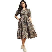 Buy Negen Cotton Floral Midi Dress for Women - One Piece Fit and Flare  Dresses for Women Multicolour at Amazon.in