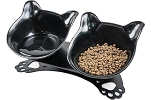 MICOOYO Raised Cat Feeding Bowls - Elevated Cat Bowls with Stand for Kittens, Tilted 15° Plastic Double Cat Feeding Bowls (Black)