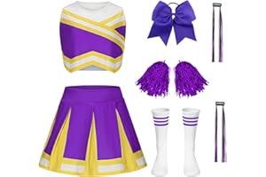 Luckyou Costume Cheerleader per Bambina Vestito Cheerleader Bambina con parrucca brillante, pompon e fiocco per Carnevale Halloween Fancy Dress Up - 1