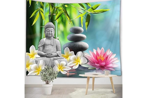 LB Tapisserie Murale 200x150cm- Tenture Murale Zen Rose Blanc Fleur Bambou Vert- Decoration Maison Chambre Salon Jardin Exterieur