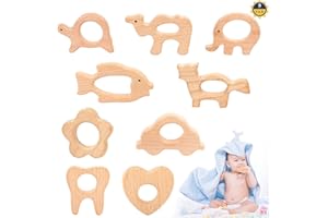 LULUDA Drewniany Gryzak dla Niemowląt - Pierścień do Ząbkowania, Naturalne Zwierzęta, Zabawki Montessori, Łagodzący Ból Ząbkowania, do Samodzielnego Użytku