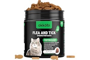 OKKÖBI Flea and Tick Prevention for Cats Chewable - 200 Chews - Feral Cat Flea & Tick Control - Packed with Vitamins B1, B6, B12 & E - Salmon