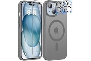 YisrLery 5-in-1 Compatible with iPhone 15 Case with 2 Pieces Screen Protectors and 2 Pieces Camera Protection Military Standard Protection, PC Scratch Resistant Back Shockproof Magnetic Case (Grey)