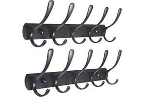 SKOLOO Moderno perchero de pared con 5 ganchos, paquete de 2, perchero de pared de metal para colgar abrigos, chaquetas, mochilas y sombreros, Perchero de pared en negro