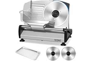YASHE Meat Slicer with Quiet DC Motor, 200W Electric Deli Slicer, Removable Dual 19CM Stainless Steel Blades and Food Carriage, Child Lock Protection, 0-15mm Adjustable Thickness for Meat Cheese Bread