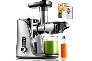 AMZCHEF Cold Press Juicer with 2 Speed Control - High Juice Yield Juicer Machines with Ultradense Filter - Masticating Slow Juicer for Whole Fruit and Vegetable - 1 Bottle and 2 Cups - Classic Grey