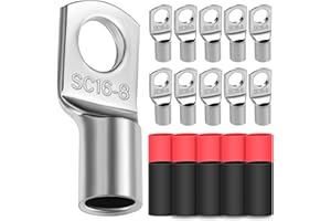 DAWENUR Lot de 10 cosses de câble tubulaires 16 mm² - Diamètre du trou M8 - Cosses à anneau en cuivre épais non isolées avec 10 gaines thermorétractables 3: 1