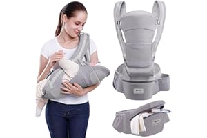 Lohofrnny Porte Bébé, Siège de Hanche Multifonction pour Porte Bebe de 0 à 36 mois, Porte-bébé ergonomique avec Siège de Hanche/Pur coton, Toutes Saisons, Charge Maximale 25 kg (Gris#B)