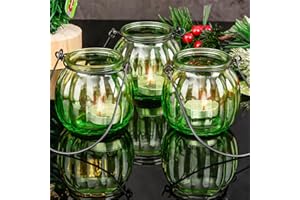 ENJINKAIL Hanging Glass Tealight Holder 6pcs, Pumpkin-Shaped Candle Holder with Wire Hangers, Glass Jar with Metal Hook for Indoor, Outdoor Use, Weddings, Garden, Table Décor, Vase (Green)