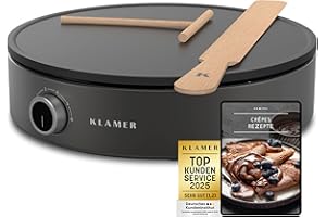 ‎KLAMER KLAMER Crepes Maker, Große Backfläche mit 33cm Ø, antihaftbeschichtete Platte, inkl. Teigverteiler und Wender aus Holz, Crepes Eisen für Crepes, Pancakes & Tortilla, 1500W
