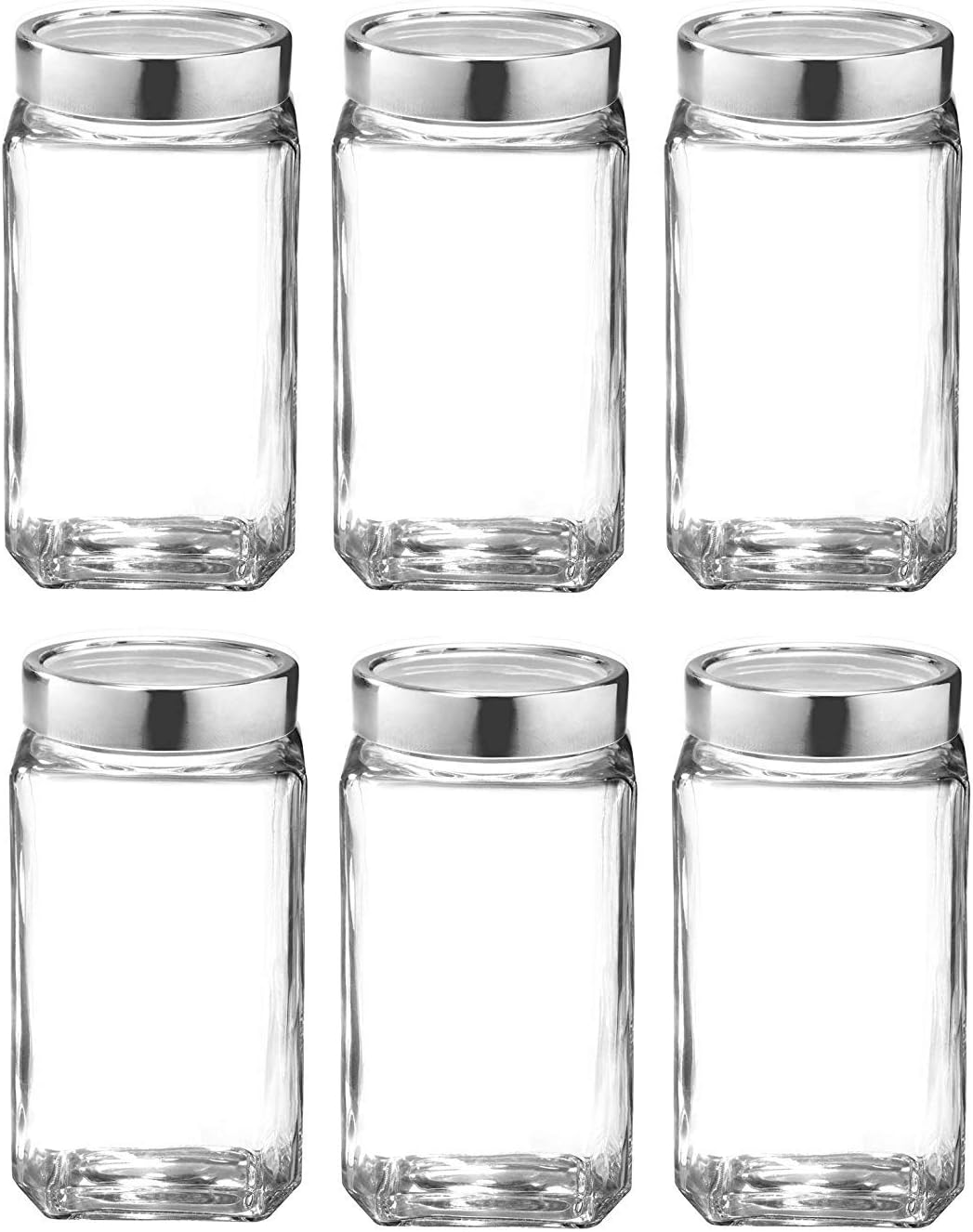 Ventuos-Set of 6 Cubical Square Clear Glass Jars and also Containers as Butler's Pantry, Snack, Spices, Jellies, Peppers, Biscuits, Dry Fruits, Freshly Roasted coffee Storage with Cap, 1 Ltr