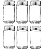 Ventuos-Set of 6 Cubical Square Clear Glass Jars and also Containers as Butler's Pantry, Snack, Spices, Jellies, Peppers, Biscuits, Dry Fruits, Freshly Roasted coffee Storage with Cap, 1 Ltr