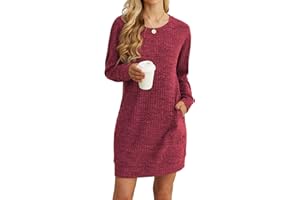 PrinStory Women Jumper Dress With Side Pockets Long Sleeve Winter Mini Dresses Casual Loose Knitted Pullover Sweater Tunic Tops Basic Dress