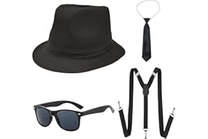 UILYNIU 4 Pieces Adults 1920S Gangster Costume, 80s 90s Men Costume Accessories Black Fedora Gangster Hat Braces Tie Sunglasses, Mafia Gatsby Costume for 1920's Fancy Dress Up Film Party