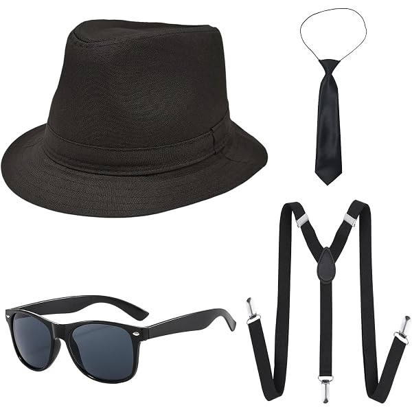 Blulu Set de Costume Homme 1920s de Gangster Rétro, Chapeau, Noeud Papillon, Montre de Poche, Porte-Jarretelles, Lunettes, Barbe, Brassard
