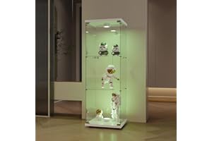 BPKADHY Mobile vetrina in vetro da 125 cm, 3 ripiani con LED, 1 anta con serratura, per oggetti da collezione, armadio portaoggetti in vetro a colonna per soggiorno, camera da letto, ufficio, bianco