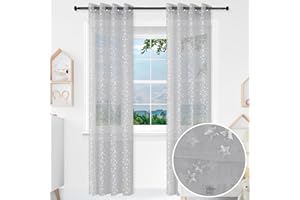 BOD HOME 2 Piezas Cortina Infantil Translúcida para Habitación de Niños/Niñas, 140 x 260cm Ancho x Alto, Cortina Dormitorio Infantil Gris con Diseño Estrellas Plateadas, Material 100% Poliéster