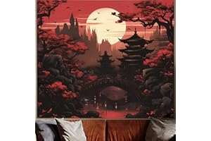 FENDROM Black Red Japanese Anime Tapestry for Bedroom Aesthetic, Sunset Forest Wall Art Decor Tapestries Wall Hanging, Dark Nature Landscape Mountain Backdrop for Living Room Dorm