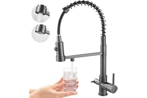 MOGFCT Robinet de cuisine 3 voies, robinet de cuisine extensible, robinet d'évier en laiton, robinet de mélange 3 en 1 pour filtre à eau (Gris)