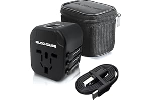 iBlockCube Worldwide Travel Plug Adapter with 2 USB (2.4A) Charging Ports, International Universal AC Socket, Dual Safety Fuse, Chip Protector for US UK EU AU Mobile Phone Tablet Laptop Gadget (Black)