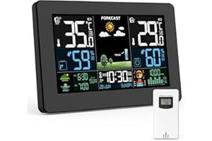 HAOYAO Wireless Weather Station with Outdoor Sensor, Colour Display, Weather Forecast, Temperature, Humidity, Alarm Clock with Snooze Function, Air Pressure, 60 m Transmission Distance, for Indoor and