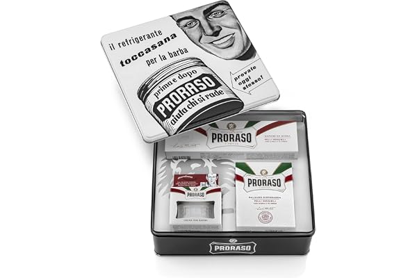 Proraso Coffret Rasage Peaux Sensibles Vintage (3 produits) - Coffret cadeau pour hommes avec crème de pré-rasage, tube de crème à raser et baume après-rasage -Fabriqué en Italie