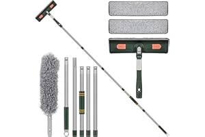 VORHOT 2 in 1 Lavavetri Telescopico, 210cm Trgivetro per Doccia Silicone con 2 Panni in Microfibra, 180° Rotante Pulisci Vetri, Spolverino per Polvere, Tergipavimento per Auto Vetro Alte