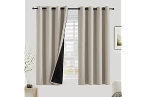 PONY DANCE 100% Blackout Curtains for Bedroom - Thermal Insulated Full Blackout Eyelet Curtains & Drapes Heat and Light Blocking Panels for Living Room with Black Liner 2 Pcs, 52 x 54 Inch, Natural