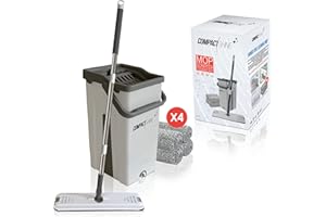Compact Shine New Kit Balai serpillière avec Seau essoreur, Balai Rotatif, Manche télescopique INOX, Lave Tout Types de Sol, 4 serpillières Réutilisables & Lavables