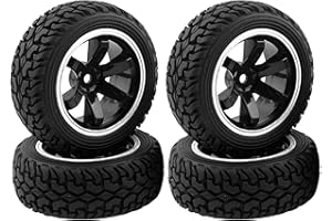 KINGCOO 4PCS 75mm RC Grain Tyre Rubber Tires and 6Spokes Plastic Wheel Rims for 1/10 RC On-Road Drift Racing Car 1:16 Rally Car for Tamiya Kyosho HPI HSP (Black/Silver)
