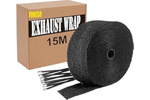 ‎FONESO 15 m Heat Protection Tape Exhaust, Foneso Exhaust Band, Heat Protection Exhaust Bandage, Black Heat Protection Tape with 12 Black Cable Ties, Stainless Steel, for Motorcycle Manifold, Thermal Tape,