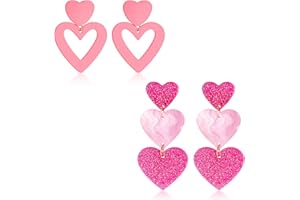 Dochais 2Pairs Earrings Drop Dangle Earrings Pink Earrings for Women Heart Dangle Earrings Retro Colorful Earrings Drop Statement Long Dangle Earrings Enamel Sparkle Love Big Heart Earrings Jewellery