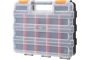 CASOMAN Double Side Tool Organizer with Impact Resistant Polymer and Customizable Removable Plastic Dividers, Hardware Box Storage, Excellent for Screws,Nuts,Small Parts, 34-Compartment, Black/Orange