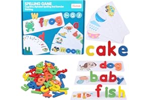 camelize Spelling Games for Kids,Alphabet Puzzle Game Toy Set with 28 Double-Sided Word Pattern Cognition Cards & 52 wooden letter blocks,Preschool Vocabulary Spelling for Kids Toddlers