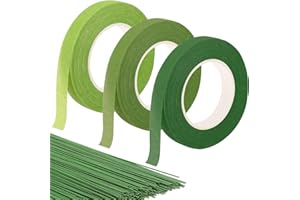 LDERFIV 3 Pièces Rouleau Floratape Fleuriste 100Pcs Tige de Fleuriste Tige Fleuriste Tiges Fleurs Artificielles Ruban Adhésif Floral Vert en Papier pour Bouquets de Fleurs Travaux Manuels Floraux